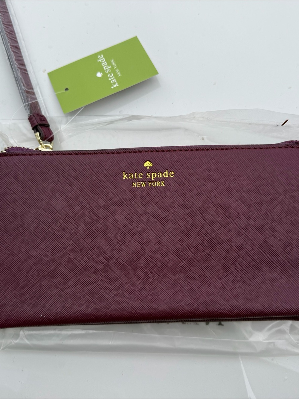 kate spade Plum Saffiano Leather Wristlet with Gold Logo